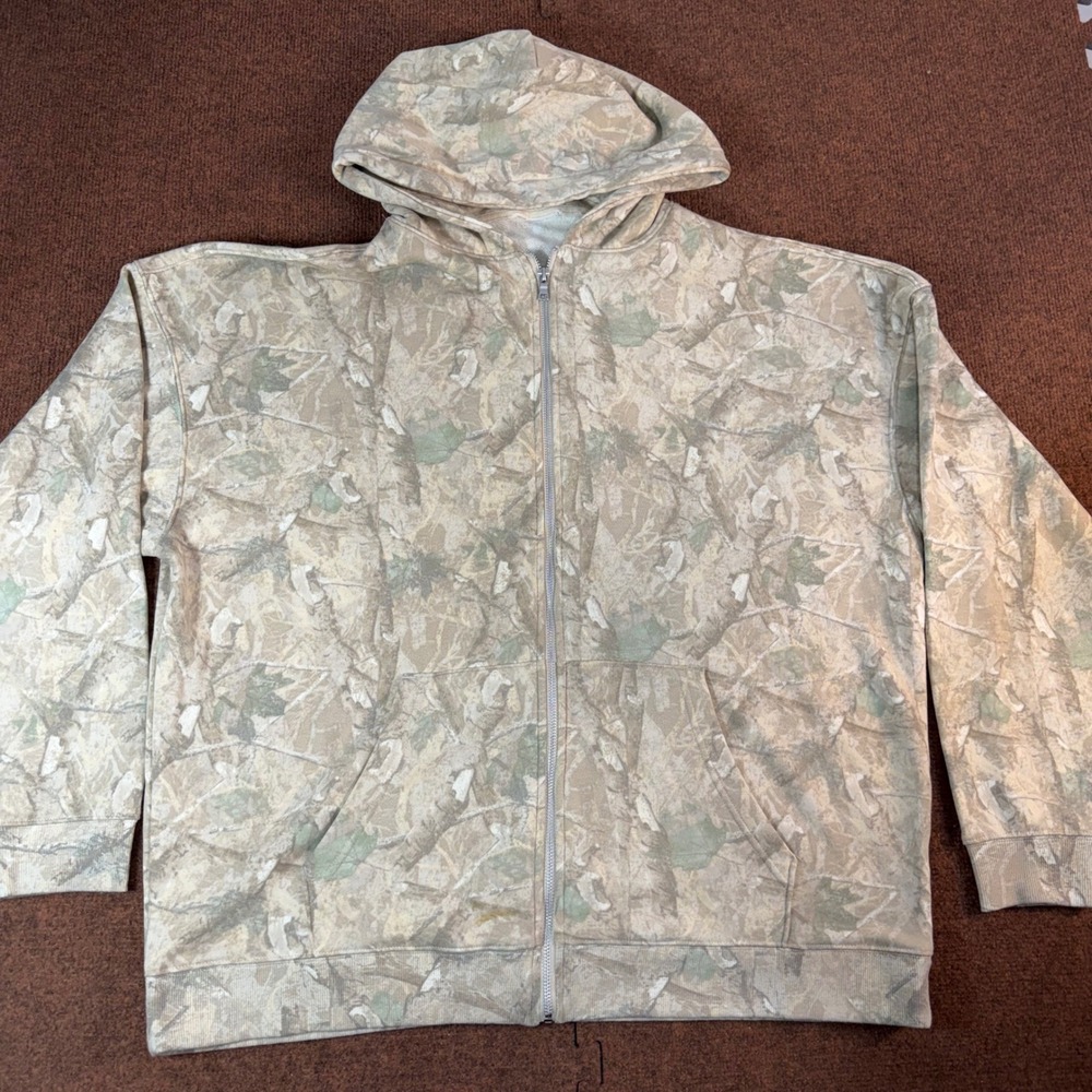 Mens Real Tree Camo Full Zip Hoodie Sweatshirt XL Tan Green Hunting Streetwear